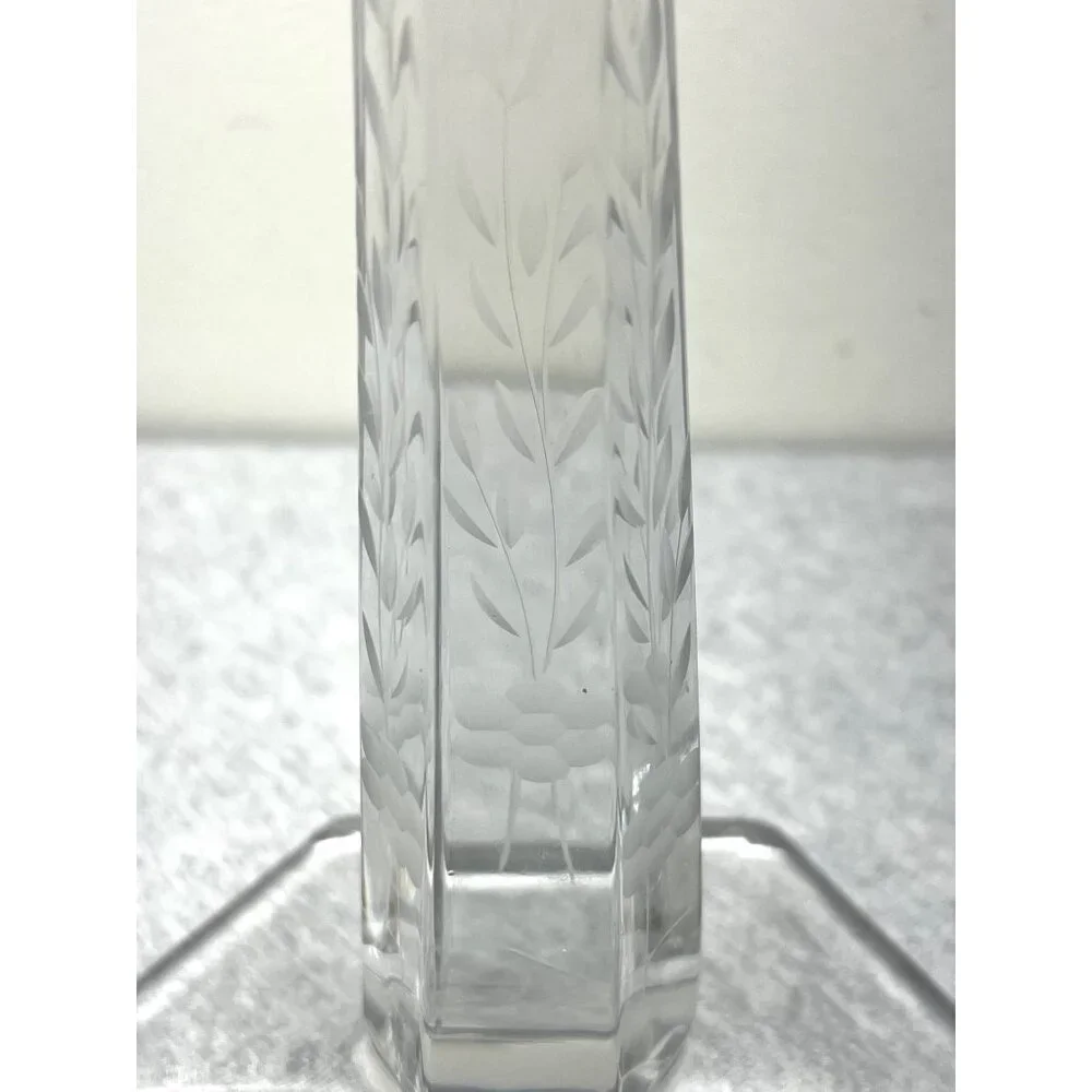 Vintage Clear Etched Glass Octagonal Base Candle Holders Set Of 2 Elegant Design